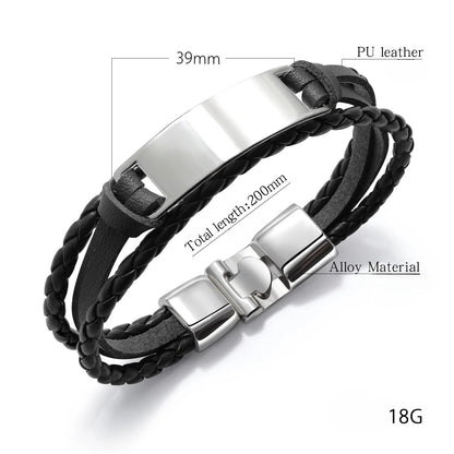 MACHO Wholesale Custom Titanium Steel Laser Engraved Curved Blank Nameplate Pu Leather Bracelets Jewelry  for Men Women Gift